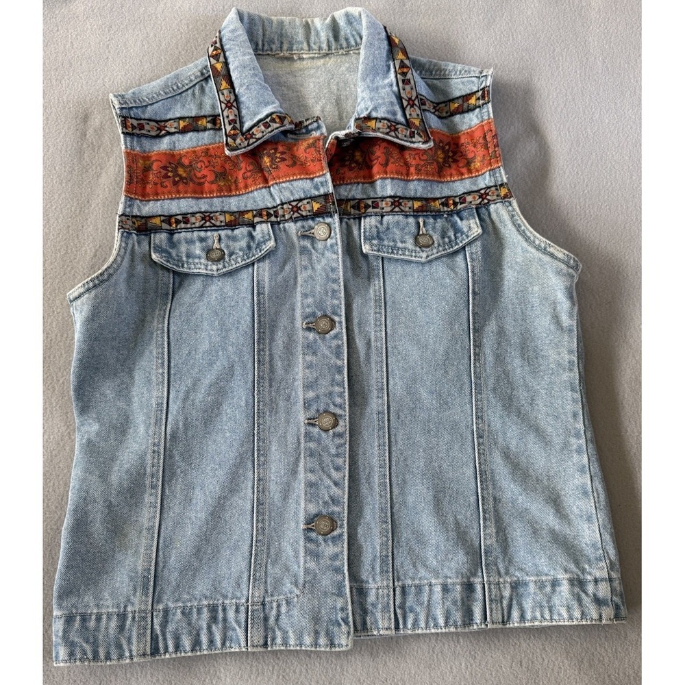 Boho Western Denim Button Vest Southwestern Aztec Trim Festival Indie Hippie S
